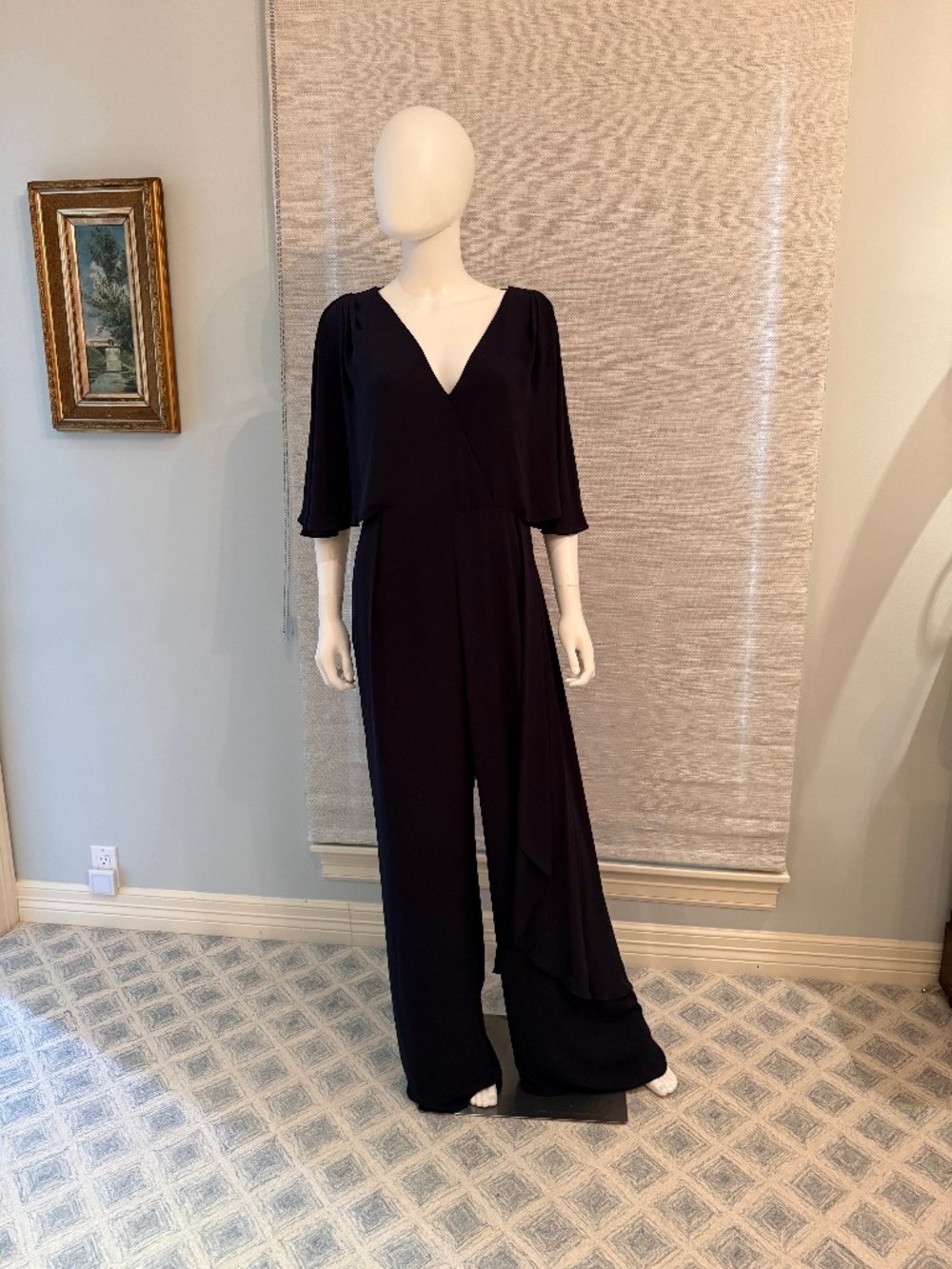 Halston Black Cape Sleeve Wide Leg Jumpsuit Size 6